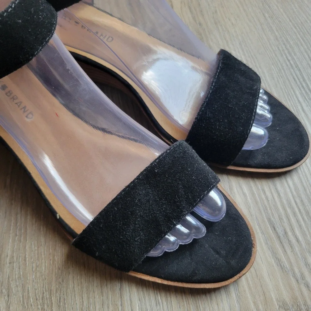 Lucky Brand Women Wedge Sandals 10 Black Suede Ankle Strap Boho Casual
